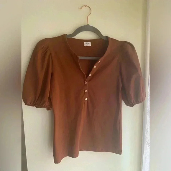 Wilfred Top Puff Sleeve Aritzia Blouse Billow Size XS Like New Warm Brown Coffee - Picture 1 of 11